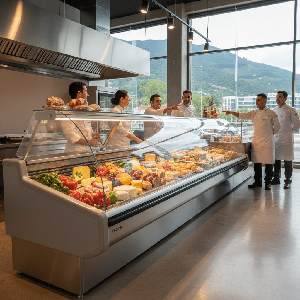 Vitrina horizontal industrial moderna exhibiendo productos frescos en un supermercado en Medellín