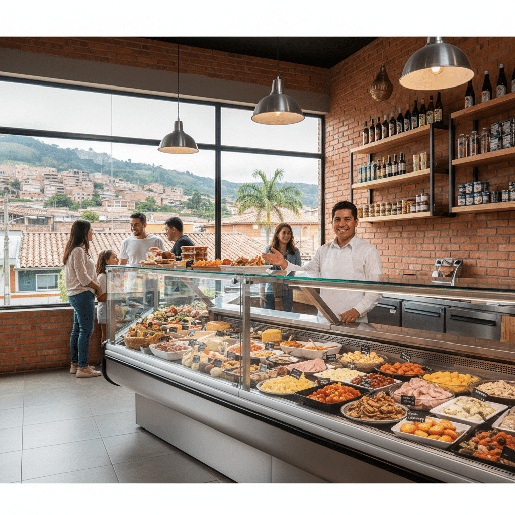 Técnico de Friomax realizando mantenimiento en una vitrina horizontal en un negocio de alimentos